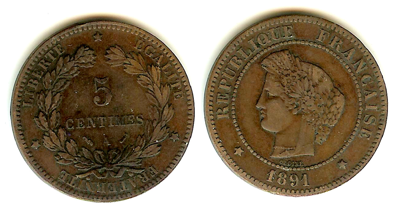 5 Centimes 1891A  gVF
